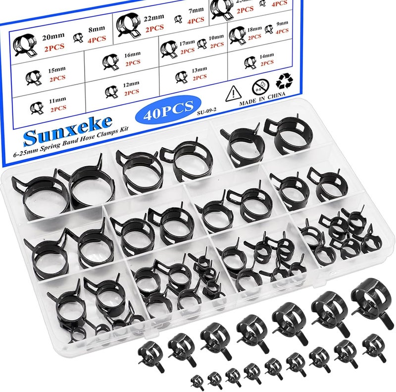 Sunxeke 40Pcs Spring Band Hose Clamps Assortment Kit,16 Sizes Black Fuel Line Hose Clamps,Low Pressure Air Clip Strap Clamp for Silicone Vacuum Hose Clamp Fuel Line Clamps (6-25mm) - Image 1